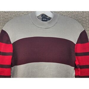 Hugo Boss Bettino Mens Slim Fit Cotton Striped Ribbed Crew Neck Sweater Grey L